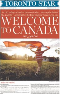The Toronto Star's front cover featured a Syrian boy running through a field with a Canadian flag.