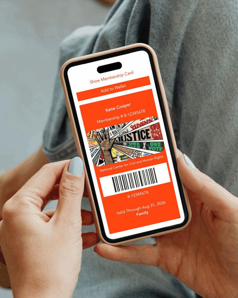 Person using their cell phone to access their digital membership card for The National Center for Civil and Human Rights