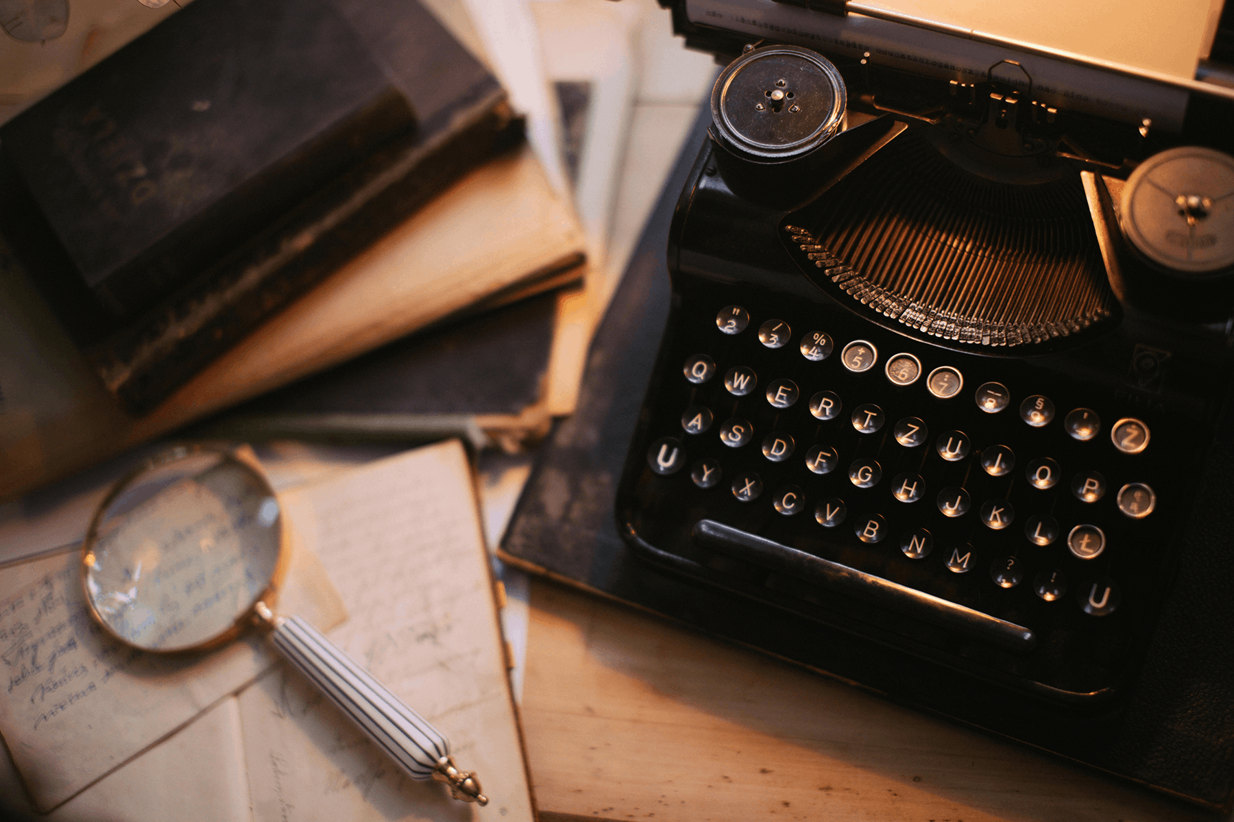 Typewriter on desk with books and papers